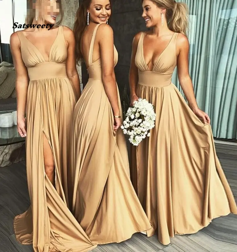 Sexy lado split v-neck champanhe ouro vestidos de dama de honra longo vestido elegante feminino para festa de casamento vestidos de dama de honra tamanhos grandes