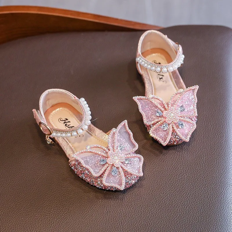 Fashion Style Baby Girl Bow Princess Shoes Pearl Rhinestone Butterfly Sandals For Girls Sequin Dance Performance Shoes For Kids