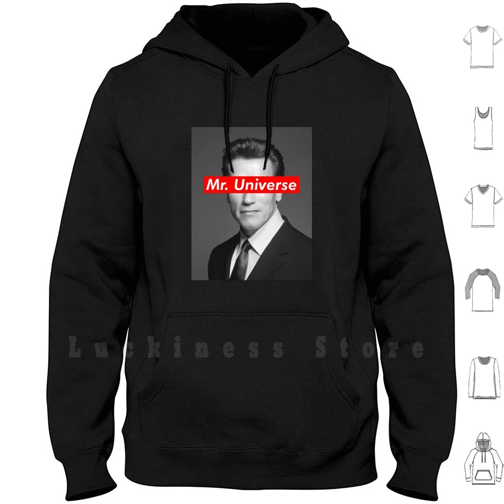 Mr. Universe Arnold Schwarzenegger Hoodies Long Sleeve Arnold Schwarzenegger Street Wear Red Black White Text Body