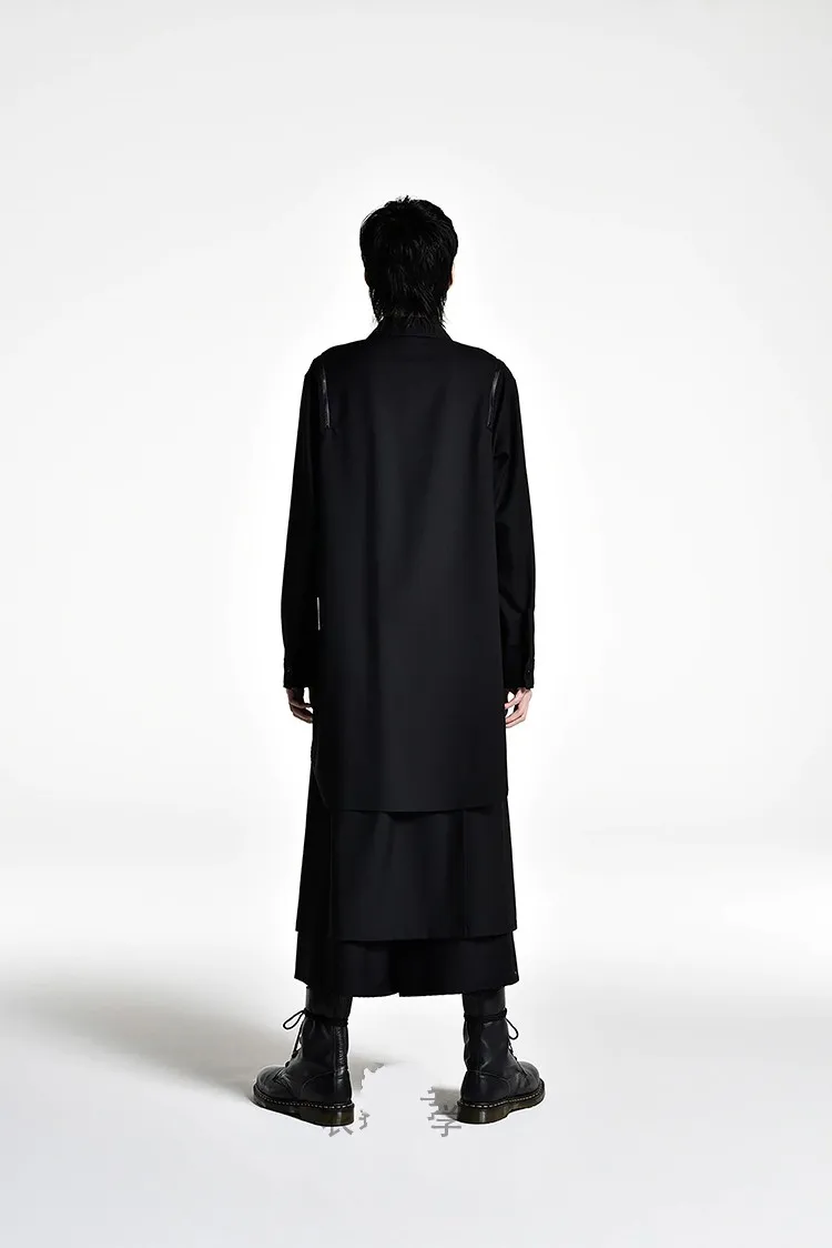 

Men's Shirt Spring And Autumn New Dark Square Collar Medium Long Coat Left Pocket Zipper Stitching Long Sleeve Shirt