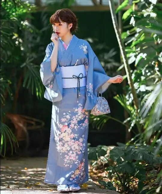 

Japanese Traditional Kimono Cherry Blossom Women Vintage dress Blue Include Belt Spring Girls