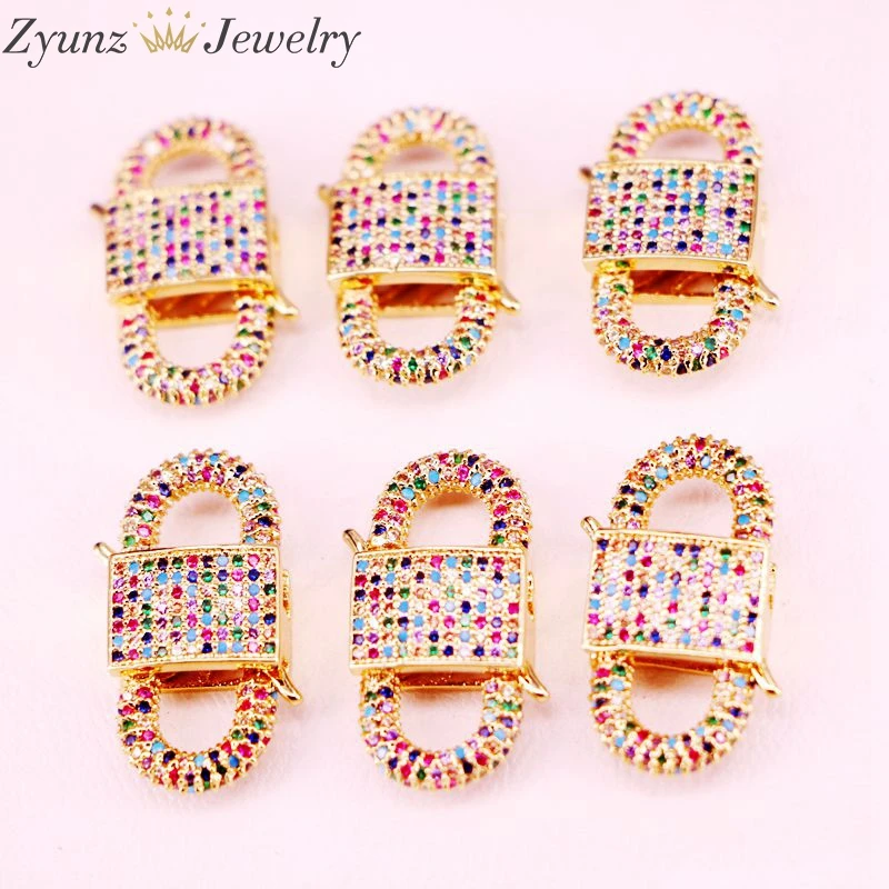 6PCS, Gold Color Rainbow CZ Clasp Component Metal Clasp Lock Shape Jewelry Findings