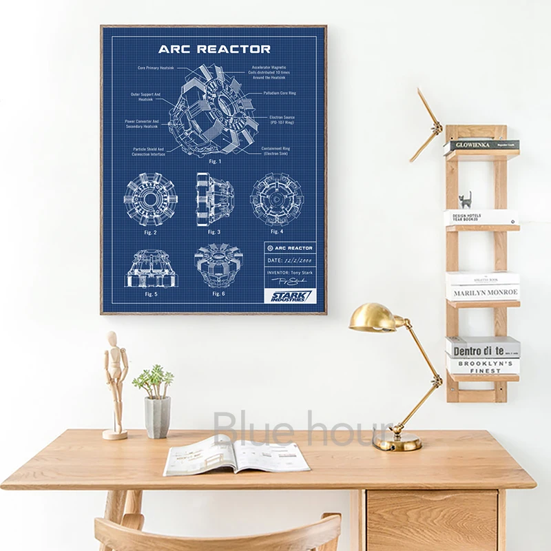 Arc Reactor Blueprint Art Canvas Painting Vintage Patent Sci-fi Movies Posters Fan Gifts Man Cave Wall Prints Boys Room Decor