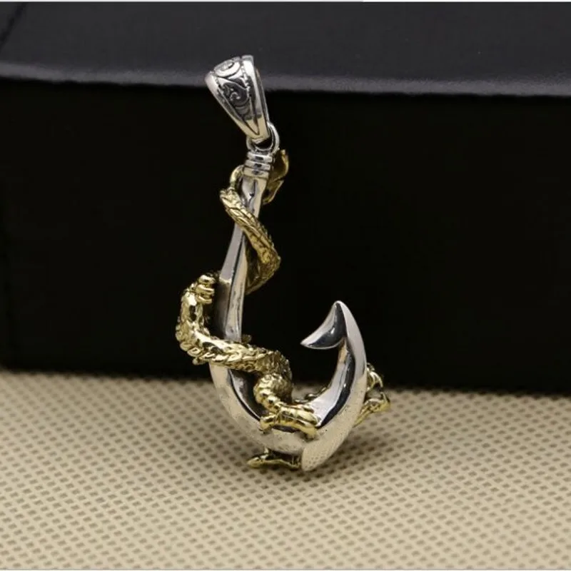 BOCAI New  Real S925 Pure Silver Fashion Jewelry Accessories Anchor Pirate Hook Golden Dragon Twine Rock  Men Pendant