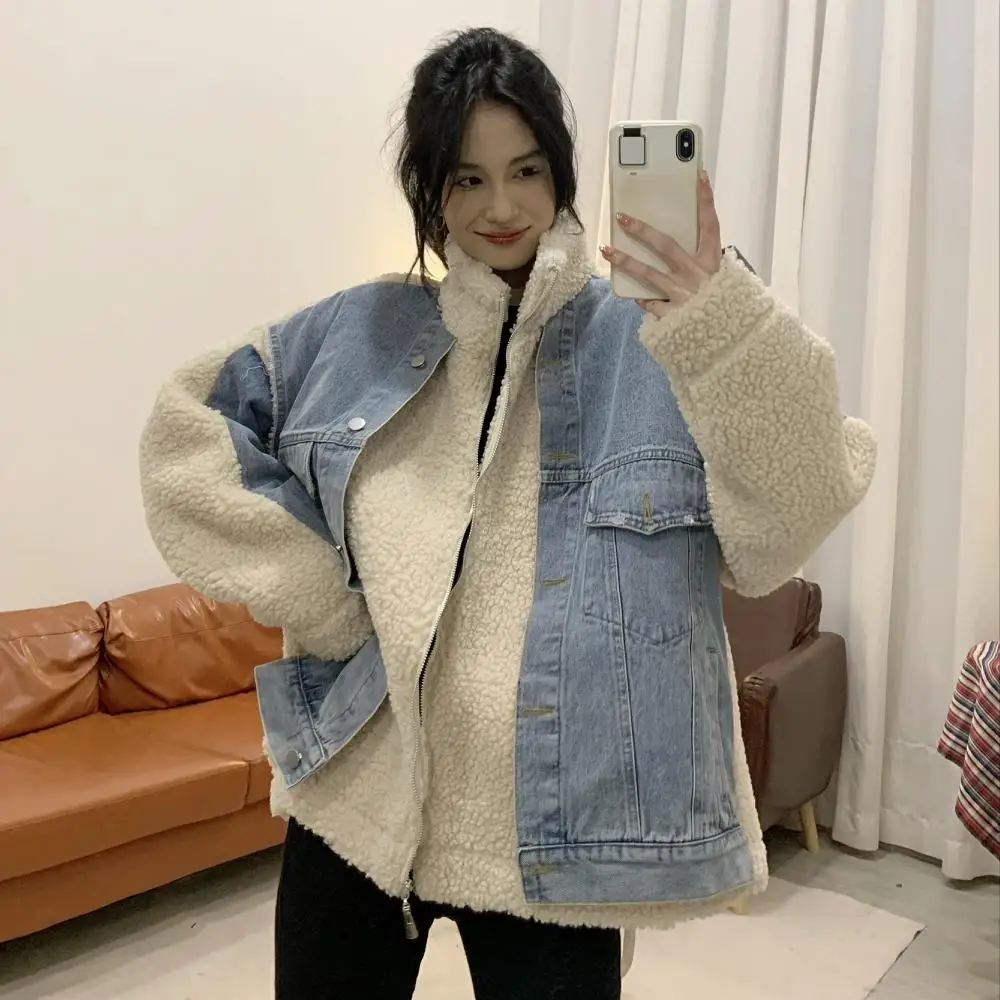 

winter denim jacket for women 2021 Denim stitching lamb wool jacket Women's winter Korean loose thick denim warm coat