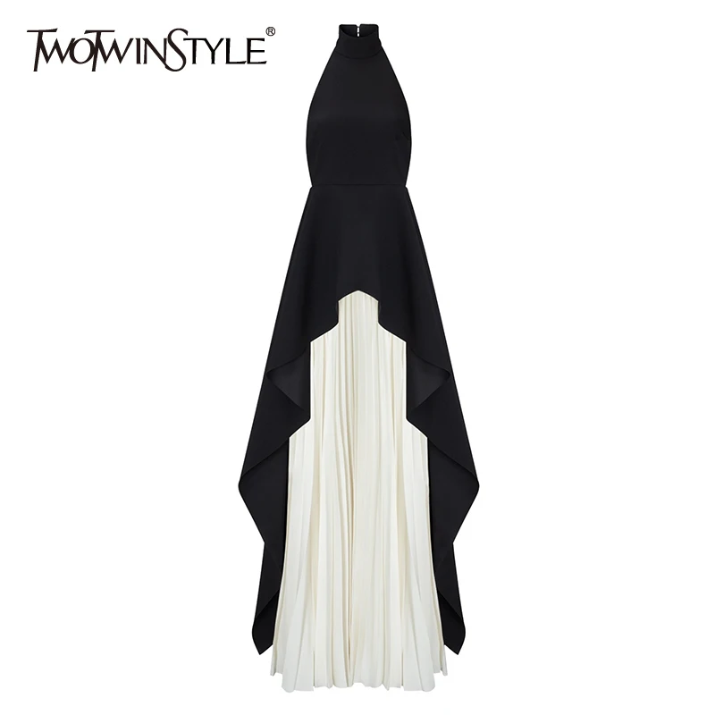 TWOTWINSTYLE Sexy Two Piece Set Women Halter Sleeveless Open Back Top High Waist Pleated Maxi Skirt Slim Women's Suit Summer New