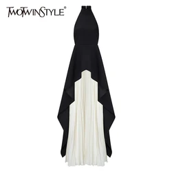 TWOTWINSTYLE Sexy Two Piece Set Women Halter Sleeveless Open Back Top High Waist Pleated Maxi Skirt Slim Women's Suit Summer New