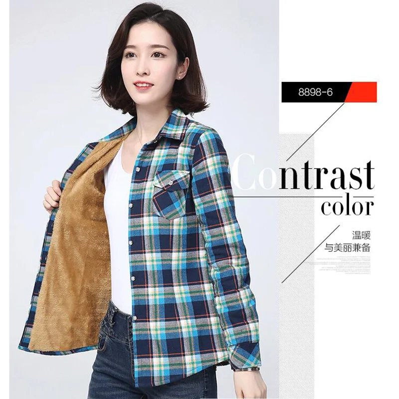 Women\'s Shirts Check Shirt Autumn Winter Long Sleeve Plaid Shirt Single-breasted Add Thick Warm Women Jacket Female Tops K360