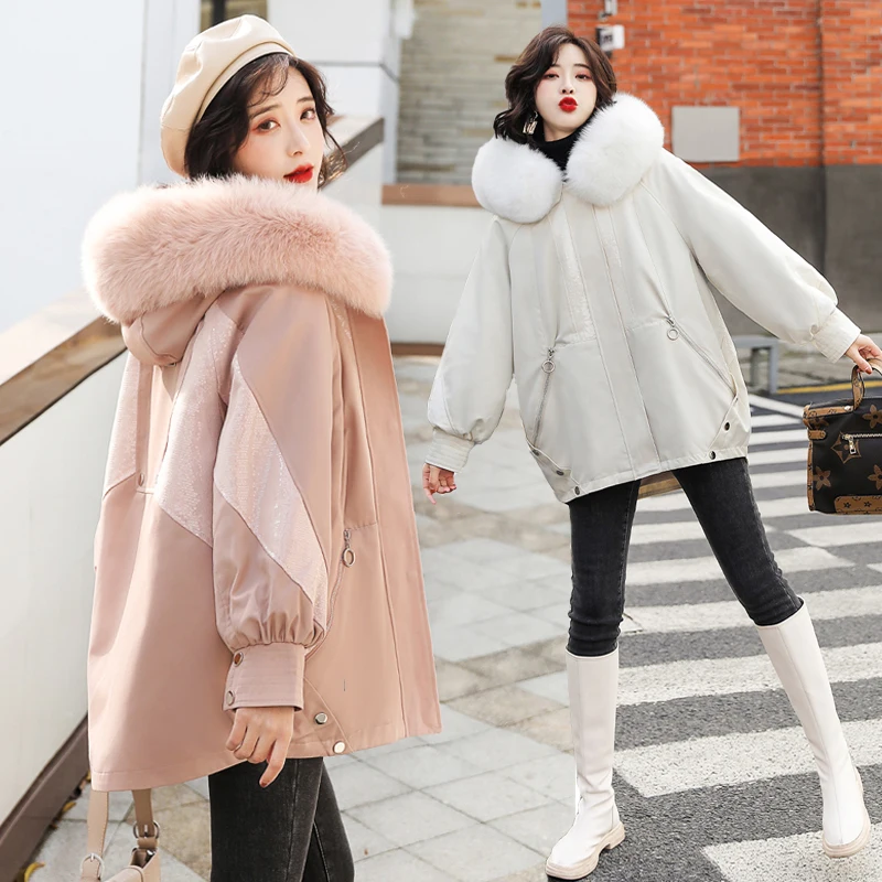 

Safari Style Parka Cotton Coats Women 201 Winter Warm Jackets Plus Velvet Bread Parkas Jacket Korean Big Fur Collar Coats Pink