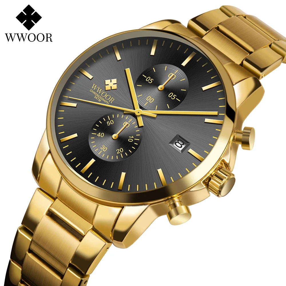 WWOOR Luxury Men Watch High Quality Fashion Chronograph Waterproof Luminous Date Stainless Steel Quartz Watch For Man Reloj