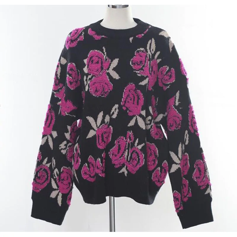 2022 Korean Vintage Flower Sweater Women Autumn New Knitted Tops O Neck Long Sleeve Retro Loose Pullover Jumpers Sueter Mujer