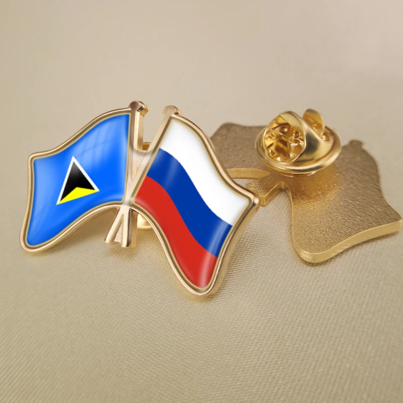 Russian Federation and Saint Lucia Crossed Double Friendship Flags Lapel Pins Brooch Badges