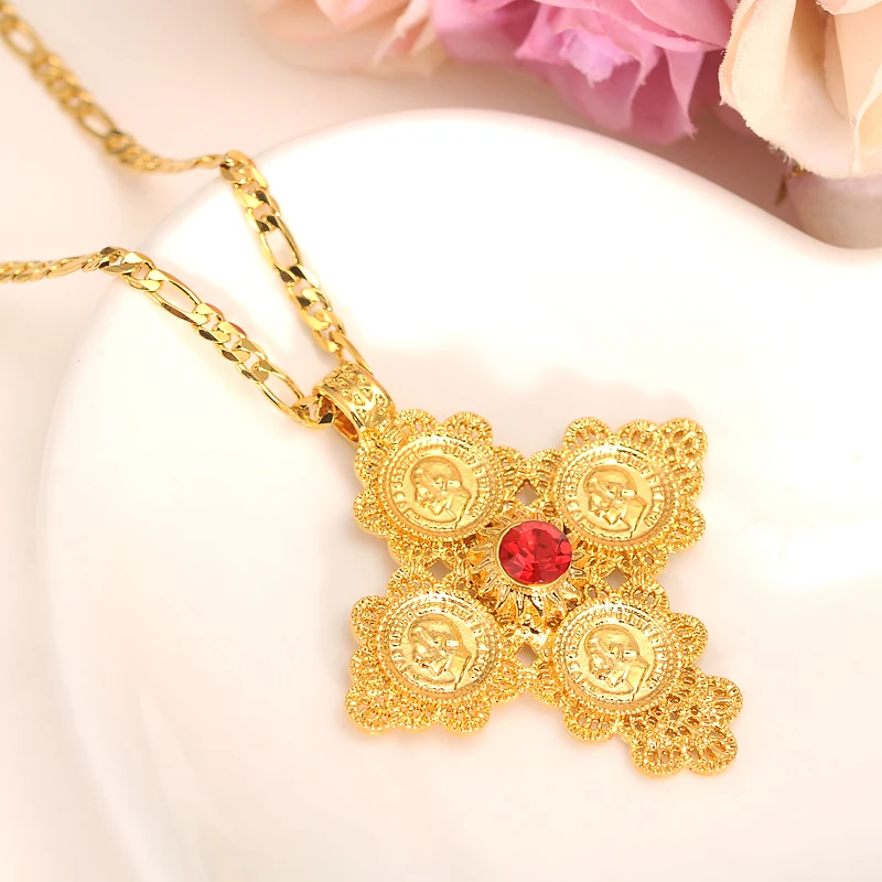 Ethiopia small Coin cz stone crystal Pendant Necklaces Women Gold Color Jewelry Africa Crosses Ethiopian Cross Eritrea