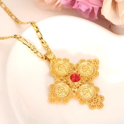 Ethiopia small Coin cz stone crystal Pendant Necklaces Women Gold Color Jewelry Africa Crosses Ethiopian Cross Eritrea