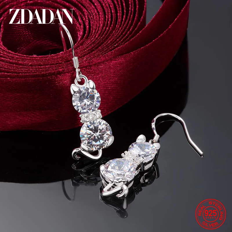 ZDADAN 925 Sterling Silver Cat Crystal Drop Earrings For Women Fashion Engagement Party Jewelry Gift