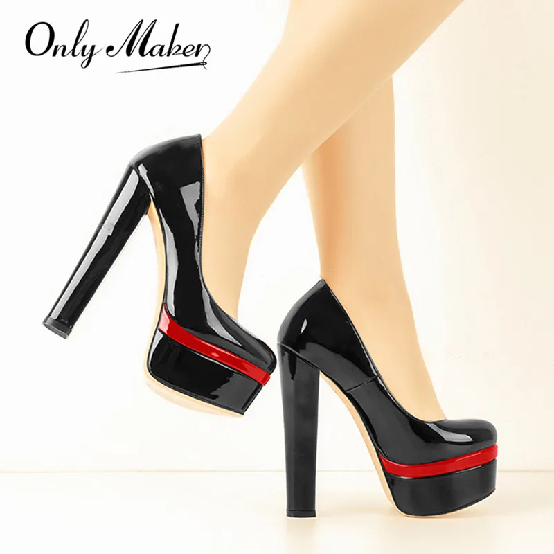 Onlymaker Women Heels Platform Round Toe Chunky High Heels Office Party Wedding Slip On Block Pumps PLUS Size Shoes