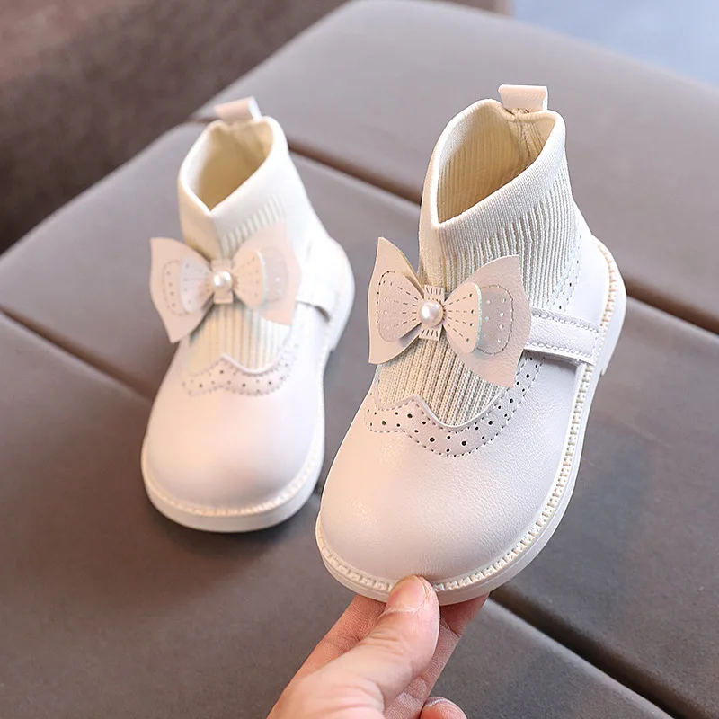 New Girls Fashion Leather Boots Autumn Children\'s Soft Sole Short Boots Cute Bow Knitted Single Shoes G265