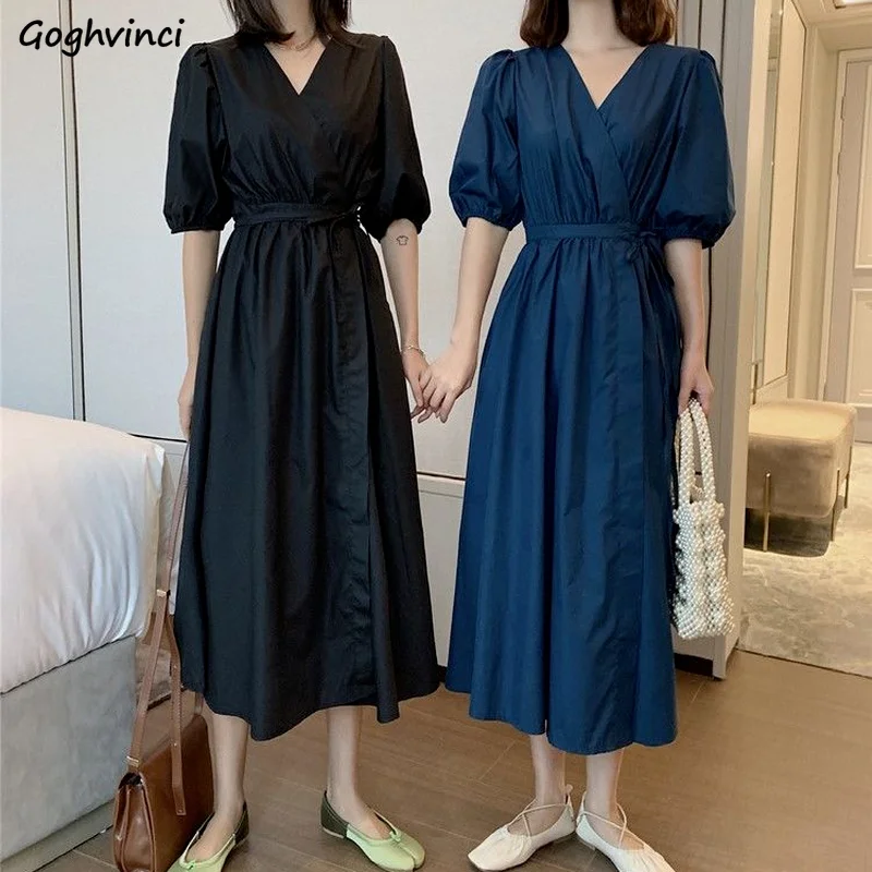 Women Short Sleeve Dress V-neck Solid High Waist Puff-sleeve Elegant Mid-calf Dresses Belt Design Female Ulzzang Chic Gentle Ins