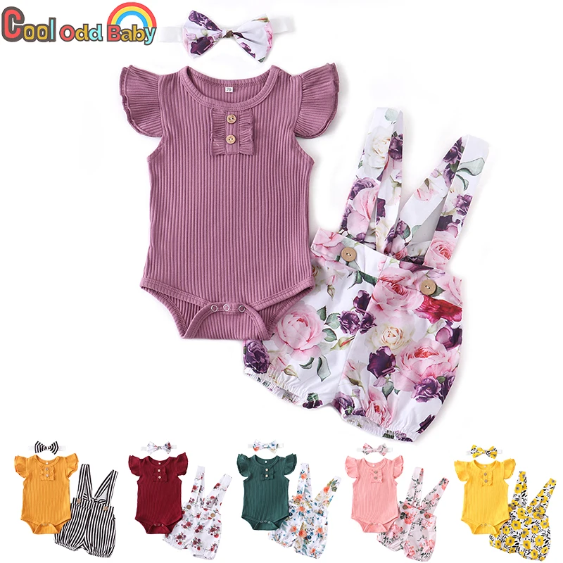 Conjunto de ropa para niña recién nacida, pelele de Color sólido, pantalones cortos de flores, diadema, 3 uds.