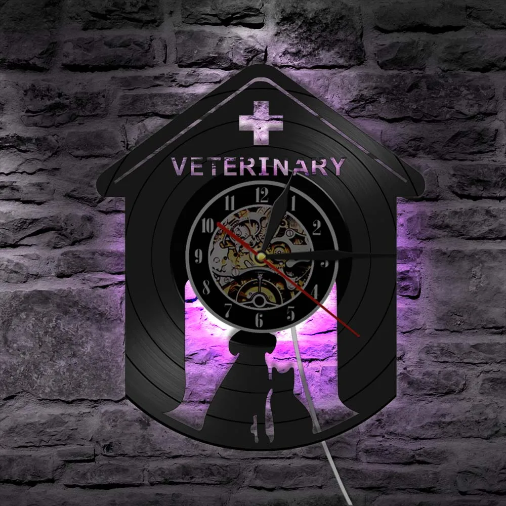 Veterinary Care Dogs Cats Vinyl Record Wall Clock Modern Design Animal Health Services Wall Art Decor LED Ligthing Wall Lamp