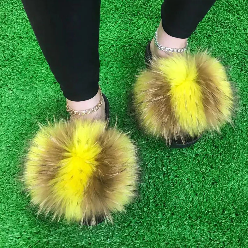 Summer Women Essential Fluffy Fur Sandals Ladies Practical Family Home Breathtaking Fur Slides Gril\'s Furry Fur Beach Flip Flops