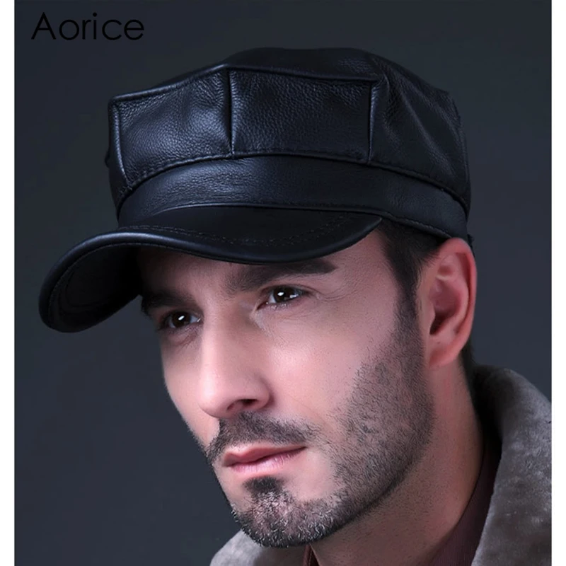 Aorice Genuine Leather Baseball Cap Mens Hats And Caps Autumn Winter Solid Color Brown Black Leather Cap Leisure Fashion HL059