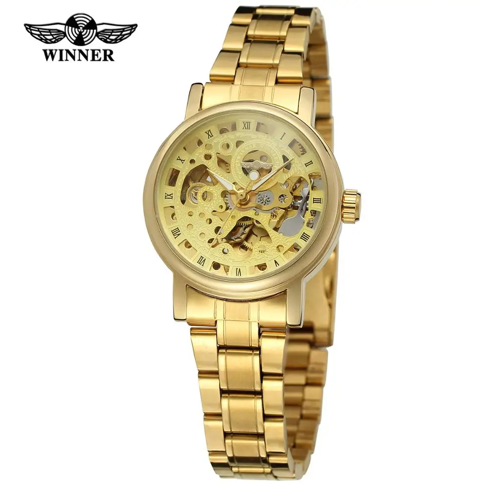 WINNER Fashion Men's and Women's Watch Stainless Steel Strap Gold Dial Automatic Mechanical Watch