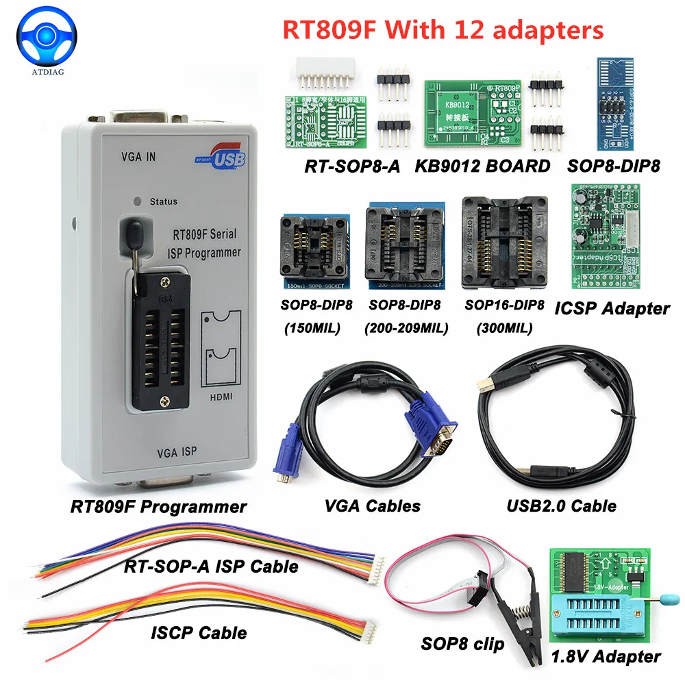 Hot Sale RT809F Serial ISP Programmer Tool +12 Items +1.8V Adapter +SOP8 Test Clip +ISP cable EPROM FLASH VGA ISP Fast Shipping