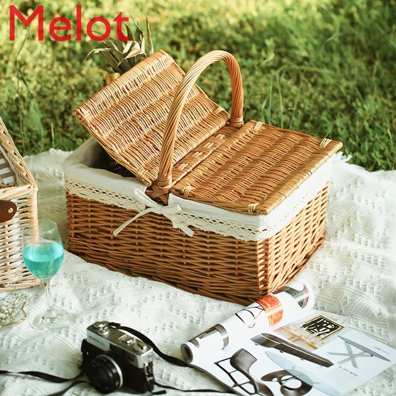 Handmade Vine Woven Picnic Basket Outing Ins Hand-Carrying Knitting Pastoral Storage Bamboo Basket with Lid Japanese Outdoor