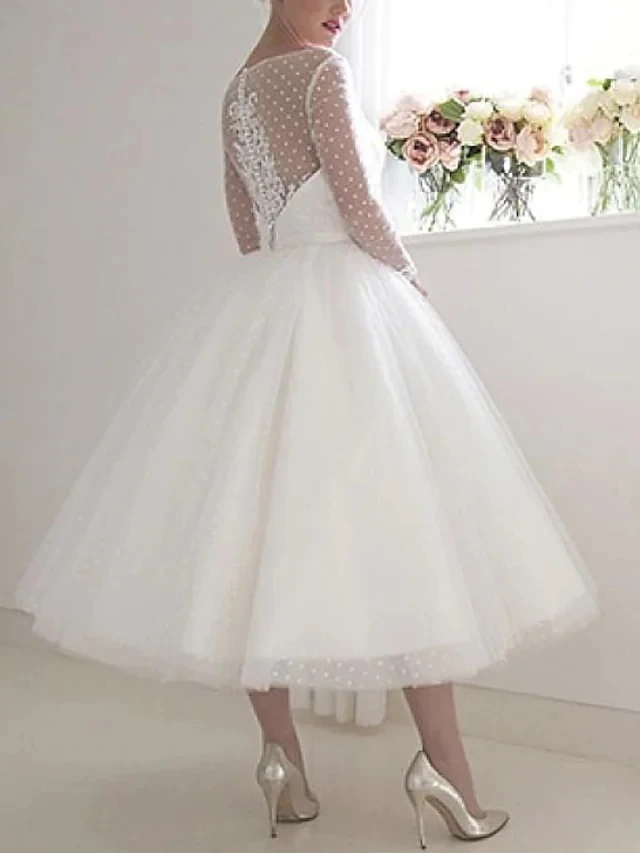 빈티지 a 라인 웨딩 드레스 보석 차 길이 도트 Tulle 레이스 appiques 신부 가운 Vestido De Noiva Robe Mariage