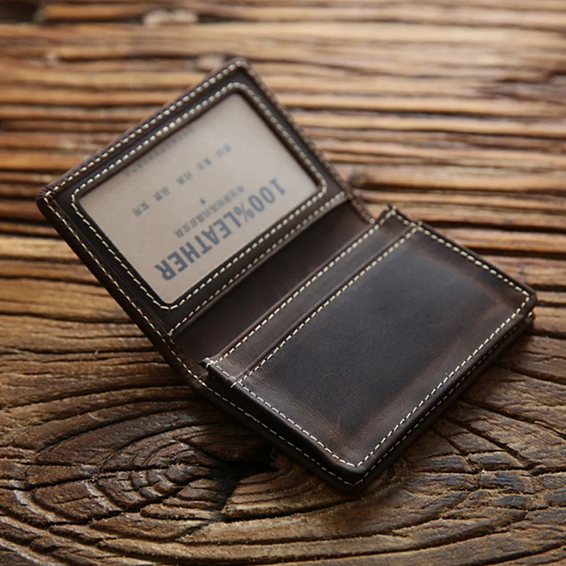 Retro Crazy Horse Head Layered Leather Bank Short Wallet Made of Genuine Leather Mini Portable Business Card Bag Men