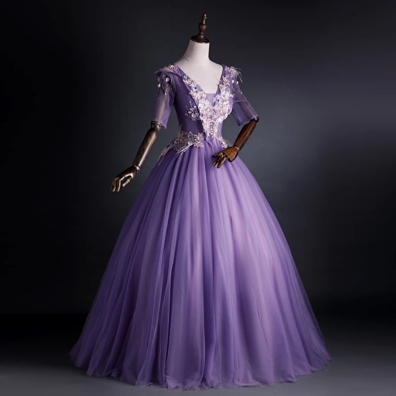 luxury lavender rhinestone beading embroidery flowers queen ball gown princess/Medieval Victoria stage performance/event/studio