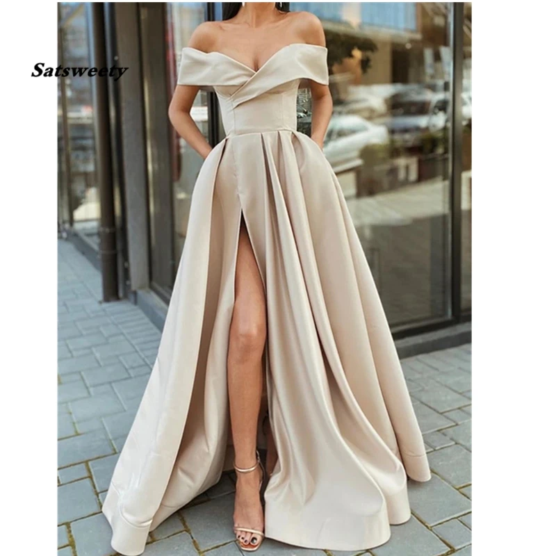 Off the Shoulder Champagne wysokie rozcięcie długie sukienki balowe dekolt w serek długość podłogi arabskie suknie wieczorowe robe de soiree