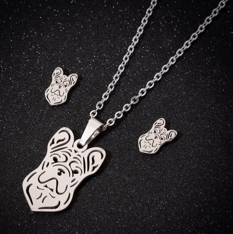 Oly2u Lovely Tiny Stainless Steel Hollow Origami French Bulldog Necklace Sets Women Fashion Chic Pet Dog Piercing Earrings 2019