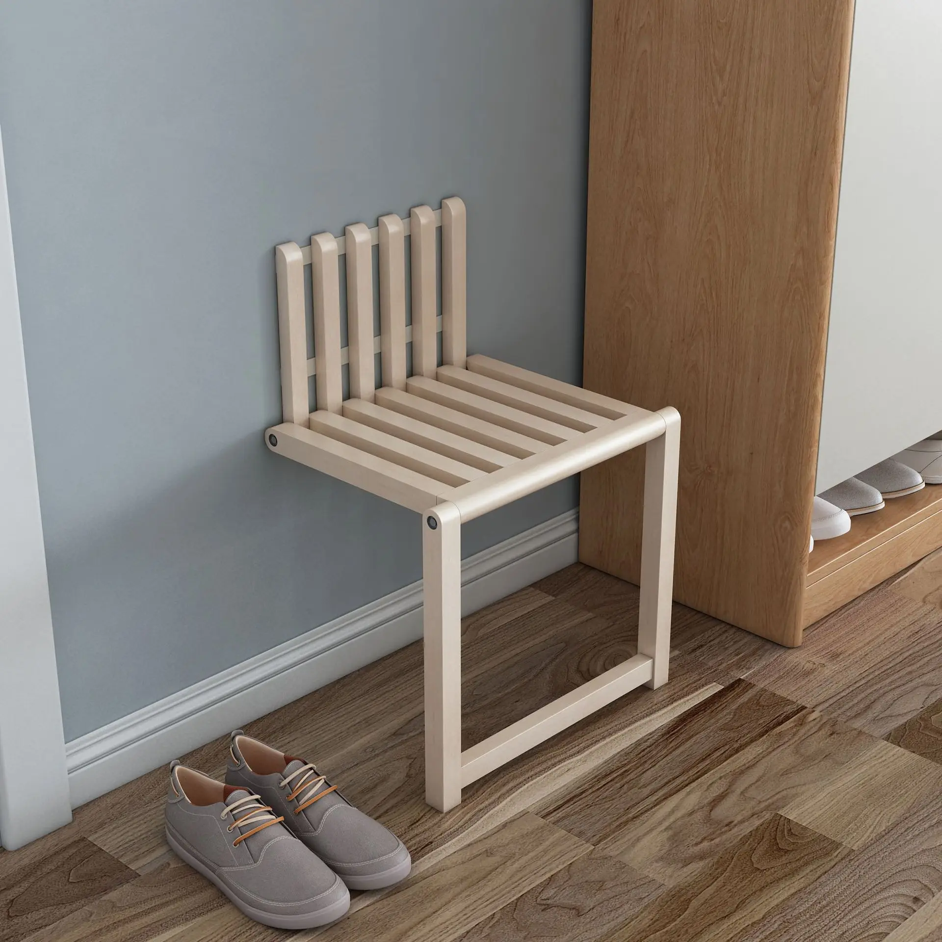 Wall Mounted Hidden Folding Chair Solid Wood Porch Chair Door Shoe Cabinet Shoe Changing Hidden Footstool Folding Bathroom Stool