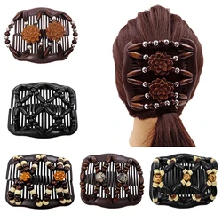 Thick Hair Clip Combs Wood Beaded Stretch Double Side Combs Clips Hair Accessories for Girls Women Bun Hair - Bun Maker