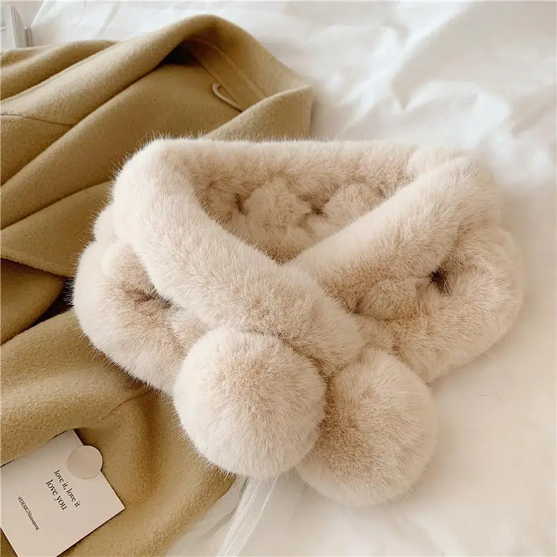 Furry Female Scarf Winter Korean New Faux Fur Cross Ball Bib Scarf Rabbit Fur Net Red Warm Fur Collar Snood Enfant Scarf Women