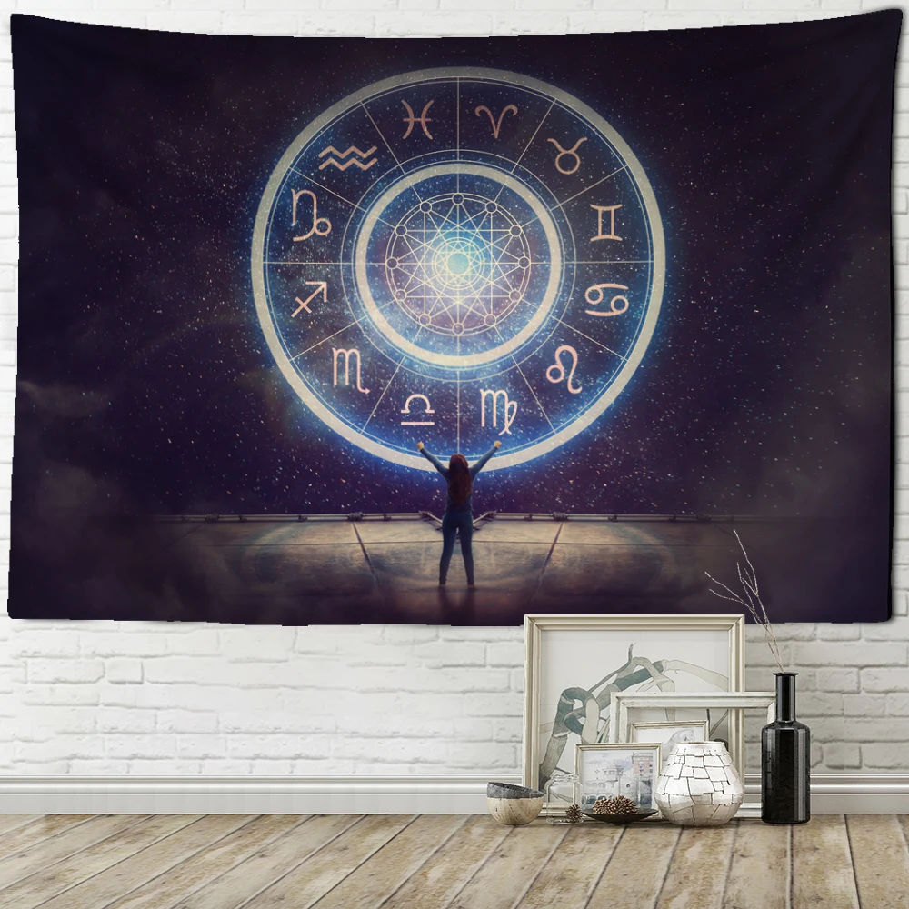 Psychedelic Compass Tapestry Wall Hanging 12 Constellations Printing Bohemian Hippie Witchcraft TAPIZ Home Decor