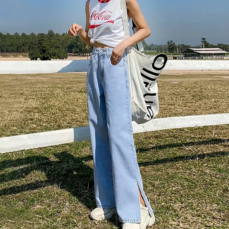 Zomer Gat Gescheurde Jeans Voor Vrouwen Hoge Taille Denim Jeans Harembroek Voor Vrouwelijke Koele Wijde Pijpen Volledige Lengte Blauw broek