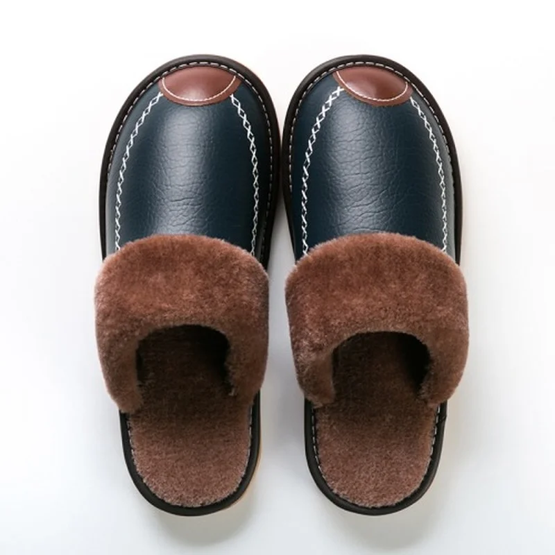 Men Winter Leather Slippers Bedroom Cotton Slippers Waterproof Thick Plus Velvet Indoor Warm House Home Slippers Shoes Fashion