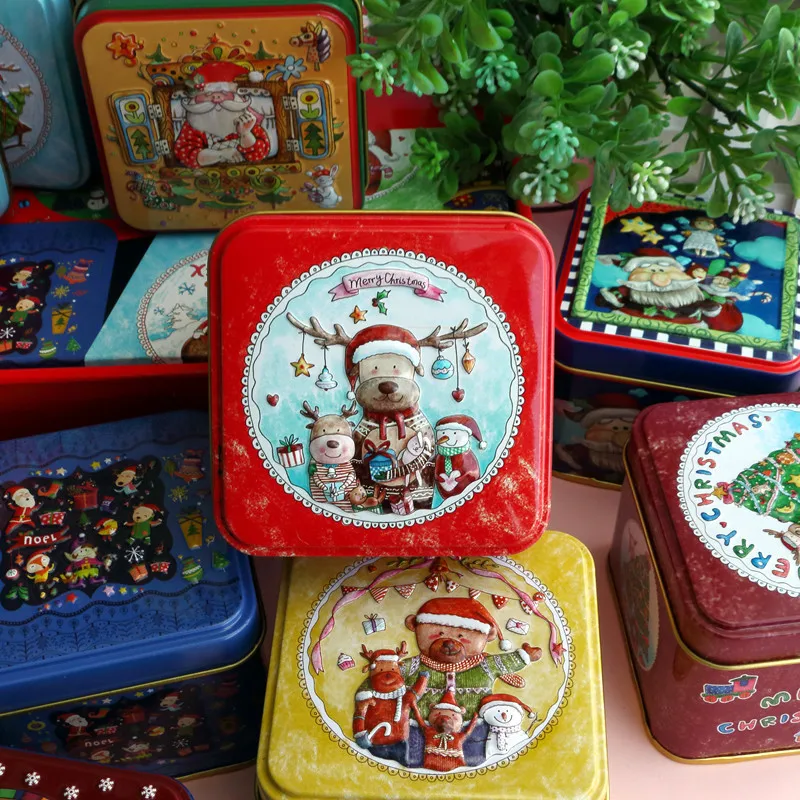 12 Pcs/Lot 3D Cartoon Christmas Tinplate Box Square Storage Cans Candy Cases Jewelry Container Small  Gift Packaging Sealed Jar