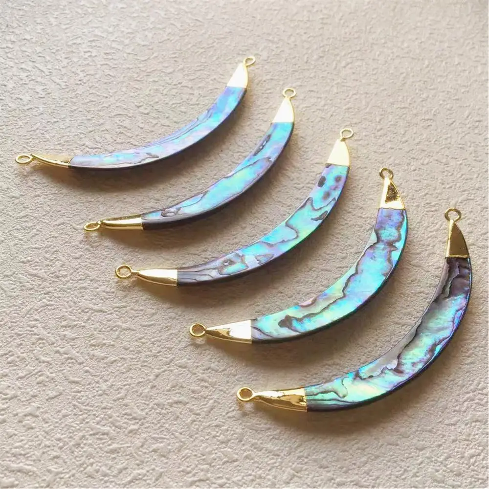 FUWO Natural Abalone Shell Double Loops Pendant With Golden Brass Plated Fashion Personality Long Horn Jewelry For Women PD501