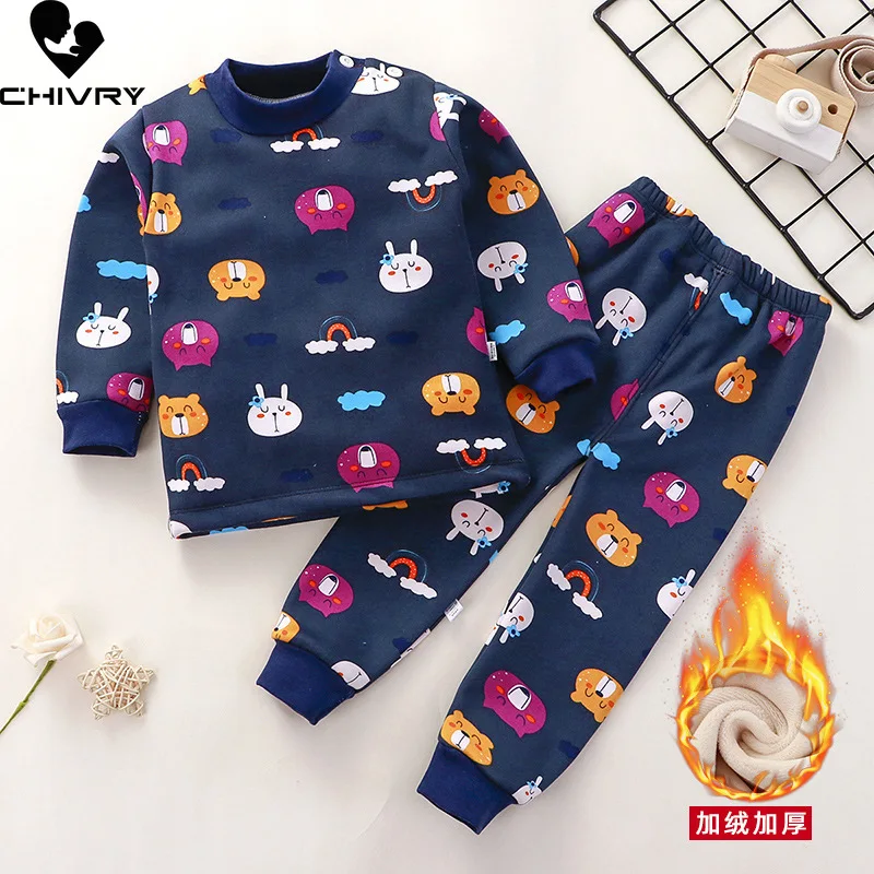 Mới 2021 Trẻ Em Bé Trai Làm Dày Pyjama Bộ Hoạt Hình Cổ Tròn Áo Kèm Quần Bé Gái Thu Đông Giữ Ấm Ngủ Quần Áo bộ