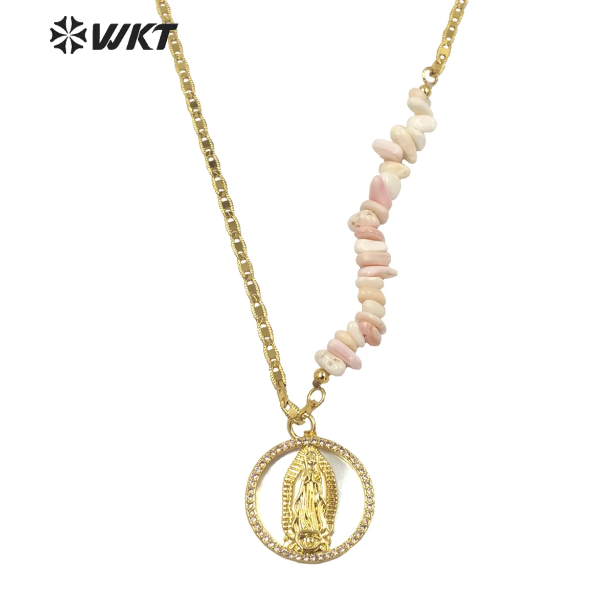 

WT-MN977 Fashion Lady Christian Virgin Mary Pendant Necklace Gold Bezel White Shell Back Ground Religious