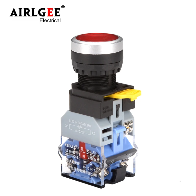 22mm LA38 illuminated Pushbutton Switch Self-Locking Reset Flat Head Jog Switch 24 220V Red Green Start Mushroom Knob With light