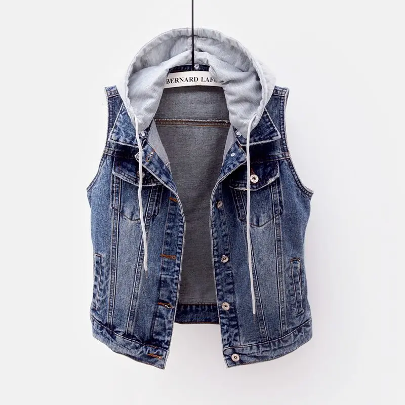 Femmes Short Denim Vest Women Detachable Hooded Coat Spring Summer Side Pockets Sleeveless Jeans Jacket Female Tops-