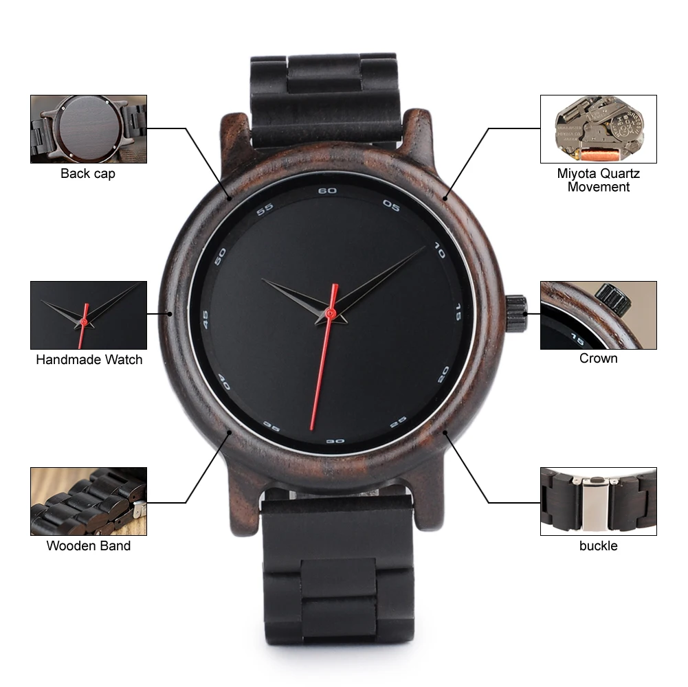 BOBO BIRD Wood Watch Men Women Ebony Minimalist Wristwatch Japanese Movement Quartz Timepiece Relogio Masculino Custom Watches