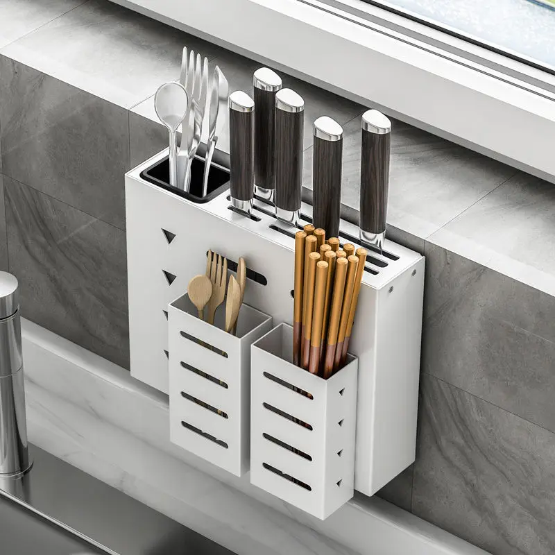 Aluminum Alloy Wall-Mounted Knife Holder Kitchen Multifunctional Shelf Household Punch-Free Knife Fork Spoon Storage Rack Shelf