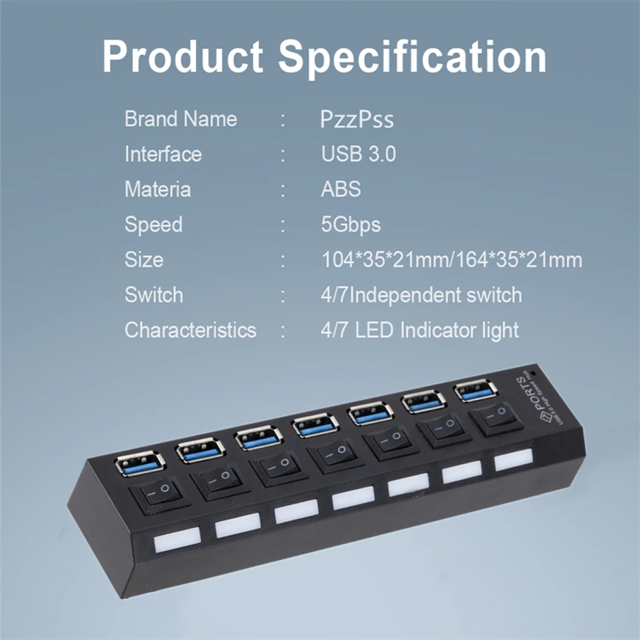 PzzPss USB 3.0 Hub USB Hub 3.0 Multi USB Splitter Use Power Adapter 4/7 Port Multiple Expander 2.0 USB3 Hub with Switch for PC