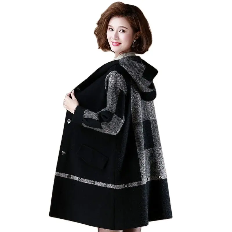 2023New Winter Mink Velvet Plaid Jacket Mother\'s Woolen Coat Women 5XL Outwear Middle-Aged Ladies Tops Long Overcoat